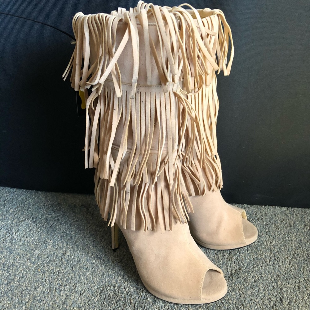 Fringe Peep-Toe Heeled Boots With Memory Foam In Sole